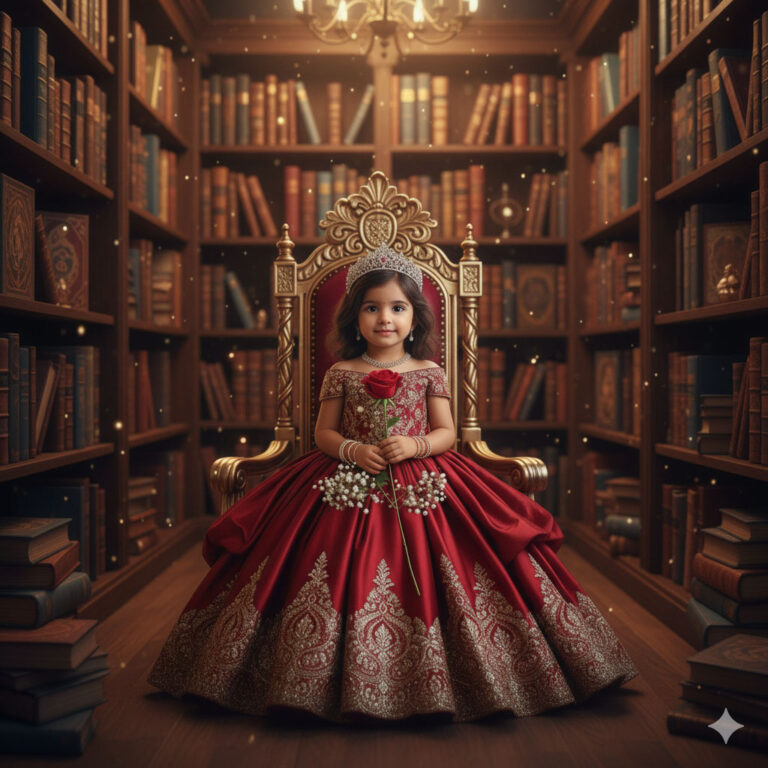 Baby Princess : A Whimsical Child Portrait in a Golden Library in 2025