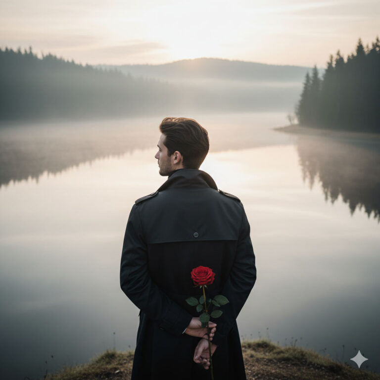 Hidden Rose: Young Man’s Introspective Dawn Portrait in a Dark Trench Coat Gemini 2025