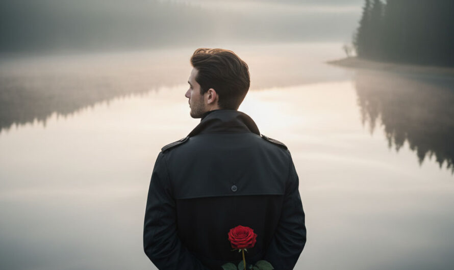 Hidden Rose: Young Man’s Introspective Dawn Portrait in a Dark Trench Coat Gemini 2025