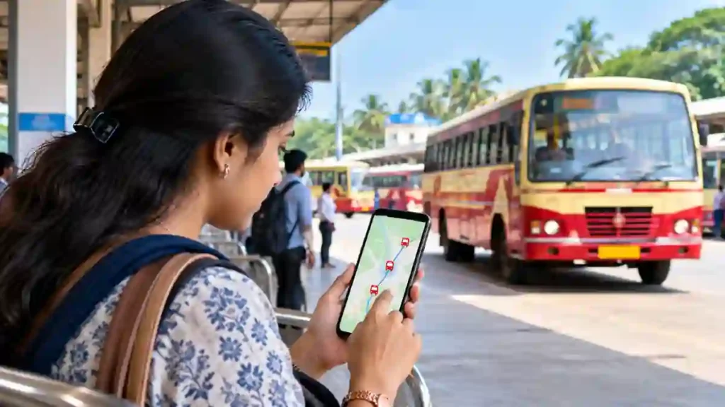 Where Is My KSRTC Bus App showing a Kerala bus and live tracking map on a smartphone